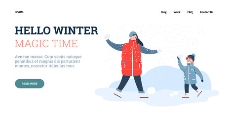 Vector design for web with fun christmas holidays in winter magic time. Happy family mother and son or sister and brother playing snowball fight. Outdoor activity in snow season.