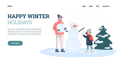 Happy family together makes snowman. Father and son or brothers have fun activity at leisure in winter season and christmas holiday. Vector illustration. Landing page template.