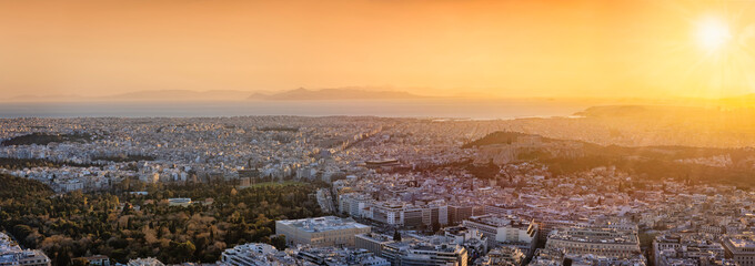 Panoramic view of the urban skyline of Athens, Greece, with all major tourist attractions during...