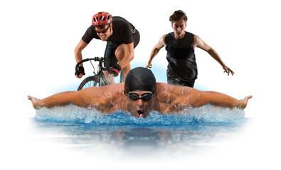 Triathlon sport collage. Isolated on white background - obrazy, fototapety, plakaty