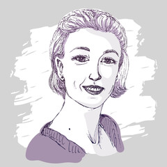 Vector sketch portrait of real young woman with smiling face. Facial expressions, people positive emotions, natural smile. Hand drawn happy person, monochrome colors, painting spot effect.