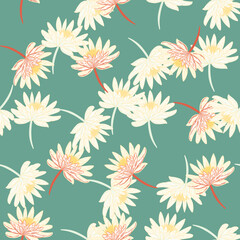 Random white colored chrysanthemum flower ornament seamless doodle pattern. Turquoise background.