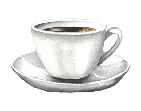 Watercolor hand drawn cup of coffee with saucer. Illustration isolated on white background for greeting cards, invitations, logos, and printed materials.
