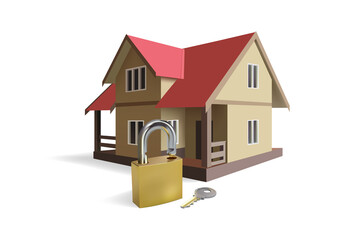 Model of a two-story house with a key and an open lock. Illustration