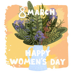 Vector colorful cute illustration of spring bouquet. Happy Womens Day March 8. Use it as greeting card, poster, banner, Social Media post, sale, brochure and other graphic design