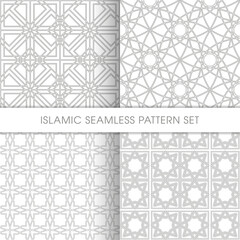 Seamless Islamic pattern set of four with intricate geometrical shapes.