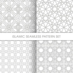 Seamless Islamic pattern set of four with intricate geometrical shapes.