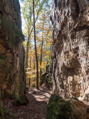 Sandstone rock wall, gate or tunnel at colorful autumn deciduous tree forest at sunny day. Nature park Kokoronsko, Czech republic