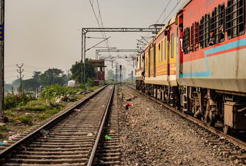 Obraz premium Train at track with passengers on board from different angels