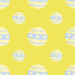 Creative seamless pattern in light tones with white and blue colored circus balls. Yellow background.