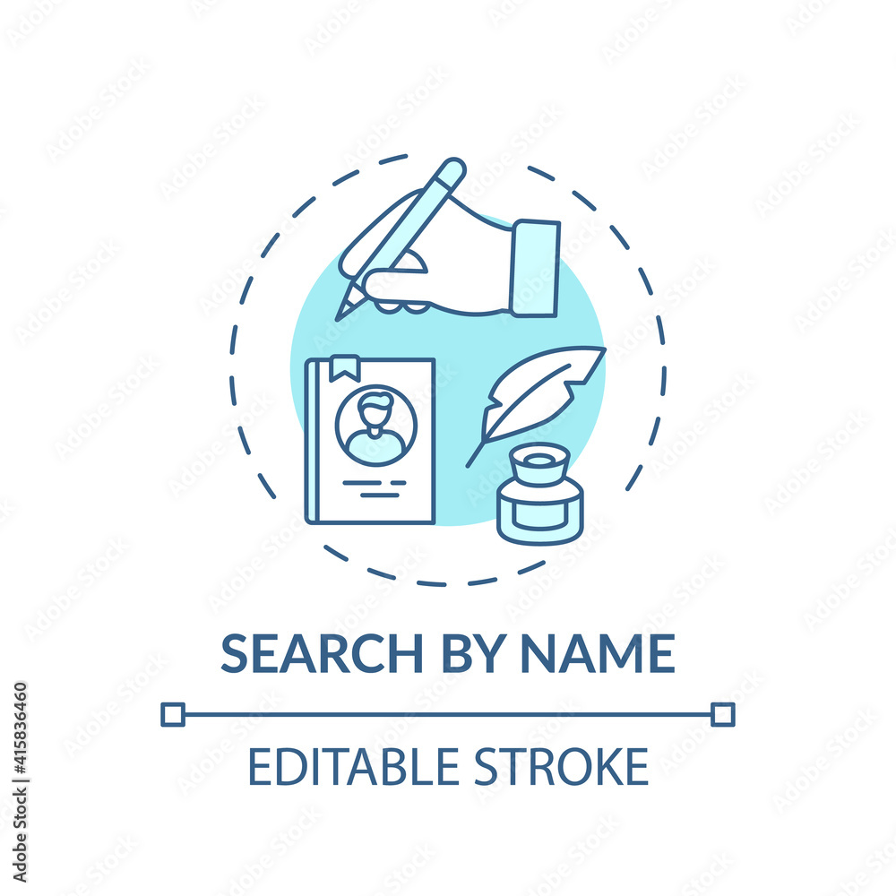 Poster search by name concept icon. friendly search tools idea thin line illustration. online library searc
