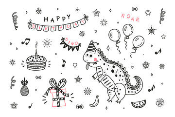 Cute Birthday Party Set with Funny Dinosaur. Happy Birthday Card Template with Hand Drawn Doodle Birthday Cake, Fruits, Bunting Flag, Balloons, Gift Box. Party Supplies Vector illustration
