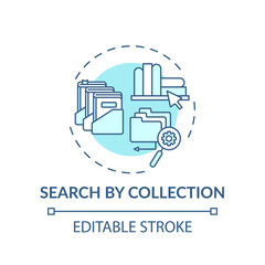 Search by collection concept icon. Online library catalogue optimization idea thin line illustration. Search options. New technologies. Vector isolated outline RGB color drawing. Editable stroke