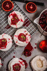 Blood orange pavlova.style hugge. selective focus