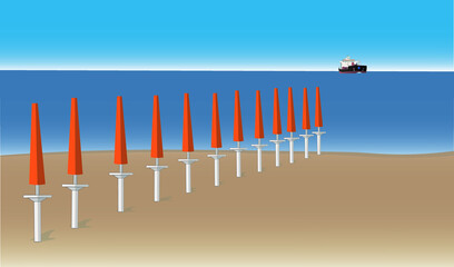 A row of closed umbrellas, orange, on the golden beach waiting for the summer reopening and on the horizon a large tanker ship approaches the port