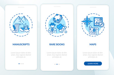 Archive collections onboarding mobile app page screen with concepts. Rare books, manuscripts and maps walkthrough 3 steps graphic instructions. UI vector template with RGB color illustrations