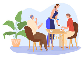 An elderly couple drinking coffee or tea in a cafe, a man reading a newspaper. The waiter serves customers. Colorful vector illustration in flat cartoon style.