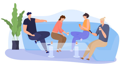 The company goes to the cafe on the couch, have fun, sit in social networks. Friends spend time together. Colorful vector illustration in flat cartoon style.