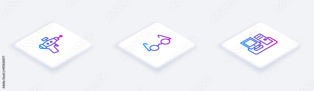 Aufkleber set isometric line ray gun, eyeglasses and monitor with keyboard. white square button. vector.