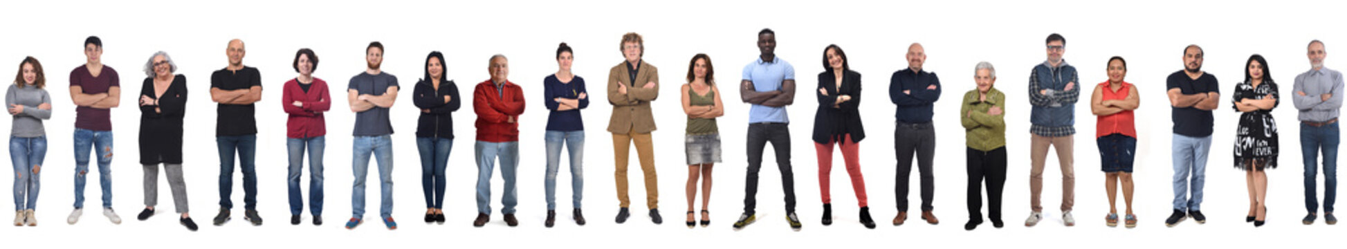 large group of women and men with arms crossed on white background