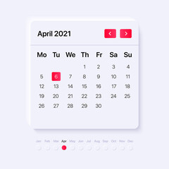 UI calendar concept. GUI for mobile and web application. modern white widget style. Vector illustration