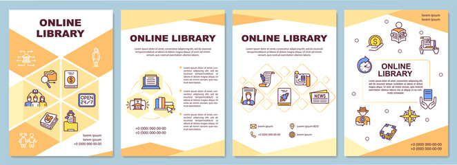 Naklejka premium Online library brochure template. Types of digital libraries. Flyer, booklet, leaflet print, cover design with linear icons. Vector layouts for magazines, annual reports, advertising posters