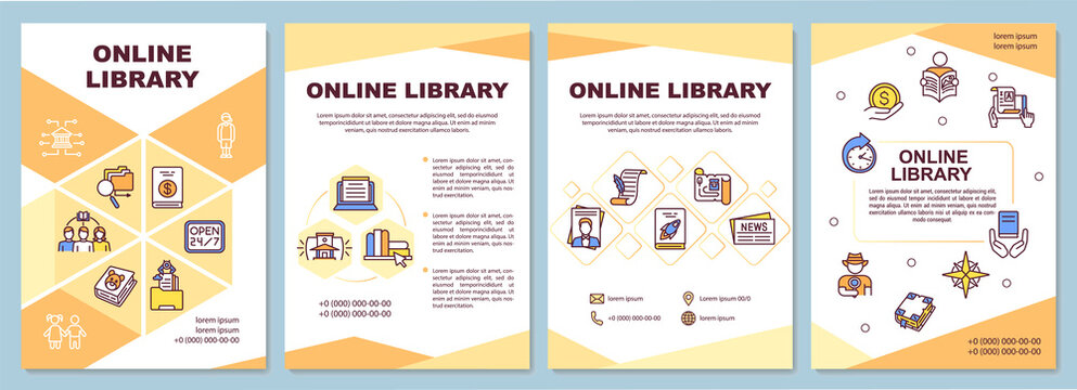 Online library brochure template. Types of digital libraries. Flyer, booklet, leaflet print, cover design with linear icons. Vector layouts for magazines, annual reports, advertising posters