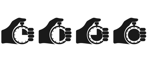 Stopwatch in hand, icon set black isolated on white background. Vector illustration flat design. Sport timer on competitions. Trainer holding stopwatch. Start, finish. Time management.