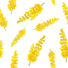 Simple, minimalistic seamless pattern with yellow mimosa flowers on a white background. For wallpaper, paper, packaging, textiles, fabrics, curtains, bedding, clothing, accessories, baby products