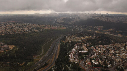 Jerusalem main entrance and road one on Winter, aerial view
, drone view of road one and Jerusalem main entrance green hills, winter 2021
