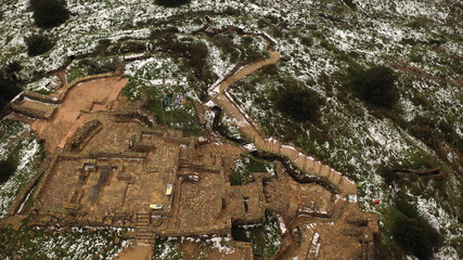 Castel National Park in the Snow,aerial view, israel
, drone view from Jerusalem February 2021, israel
