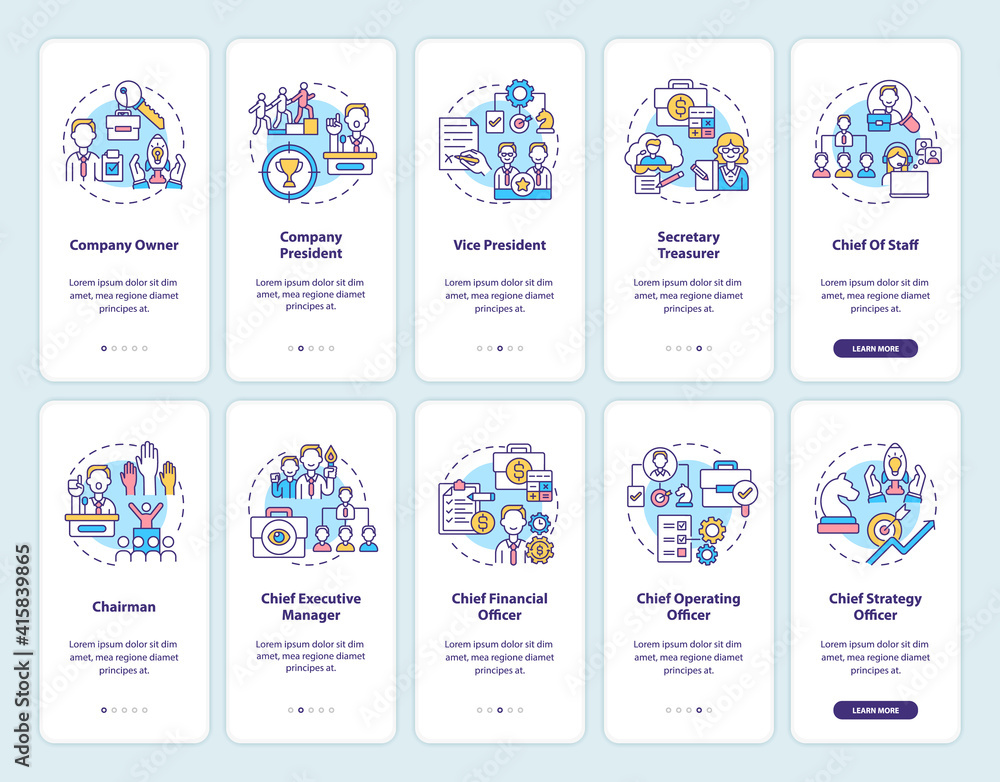 Poster top management onboarding mobile app page screen with concepts set. company owner. vice president wa