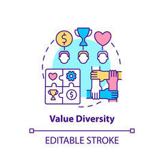 Value diversity concept icon. Top management diversity types. Differences between people. Multicultural idea thin line illustration. Vector isolated outline RGB color drawing. Editable stroke