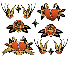 Vector elements of old school tattoo Swallow, broken heart, rose, star