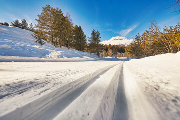 Cross-country ski track with tracks for classic and skating techniques