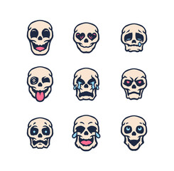 Set of skull emoticon, hand drawn line style with digital color, vector illustration