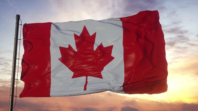 Flag of Canada waving in the wind against deep beautiful sky. 3d illustration