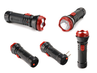 black rechargeable electric LED flashlight isolated on white background.