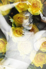 Beautiful young woman with yellow roses, double exposure. Beauty treatment, youth, springtime concept