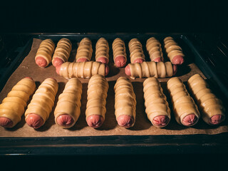 Sausages wrapped in puff pastry in the oven