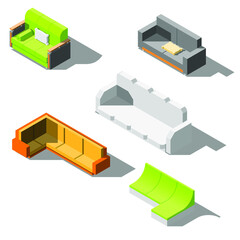Set Abstract Collection Isometric 3D Furniture Sofa Equipment Appliances Element Vector Design Style