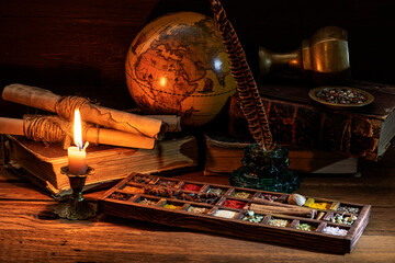 Retro composition on a theme ancient recipes, spices and trips.