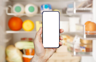 Online grocery delivery app in a mobile phone. Food market service in smartphone. Grocery delivery...