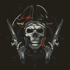 Skull pirate in a cocked hat with guns in his hands. Original vector illustration in vintage style. Print on t-shirt.