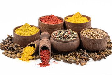 Spices and seasonings in wooden tableware by close up isolated on a white background.