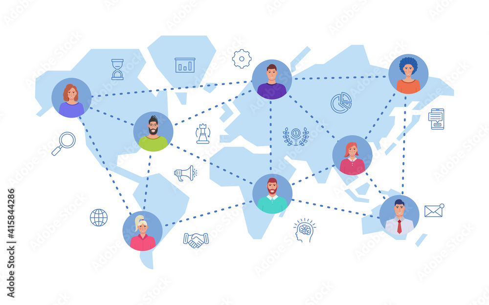 Poster teamwork concept. user icons connected by lines. world map on the background. business icons set. ve