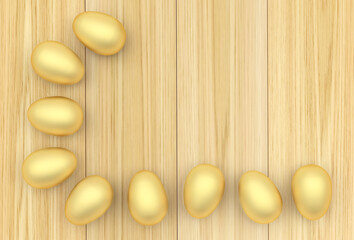Easter golden eggs on a wooden surface with space for text. 3d illustration 