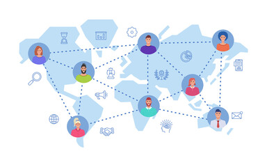 Teamwork concept. User icons connected by lines. World map on the background. Business icons set. Vector.