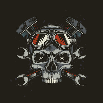 Skull in motorcycle glasses on the background of wrenches and engine. Vintage vector illustration. T-shirt design, emblems