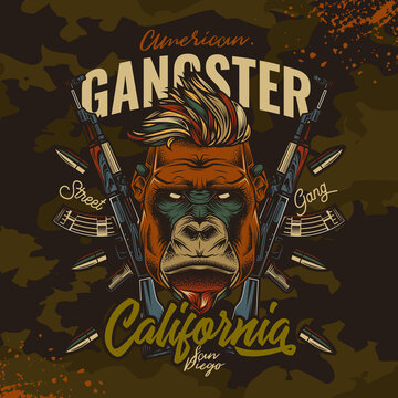Original vector illustration in retro style. Angry gorilla-hipster on the background of automatic weapons and bullets. Camouflage background.